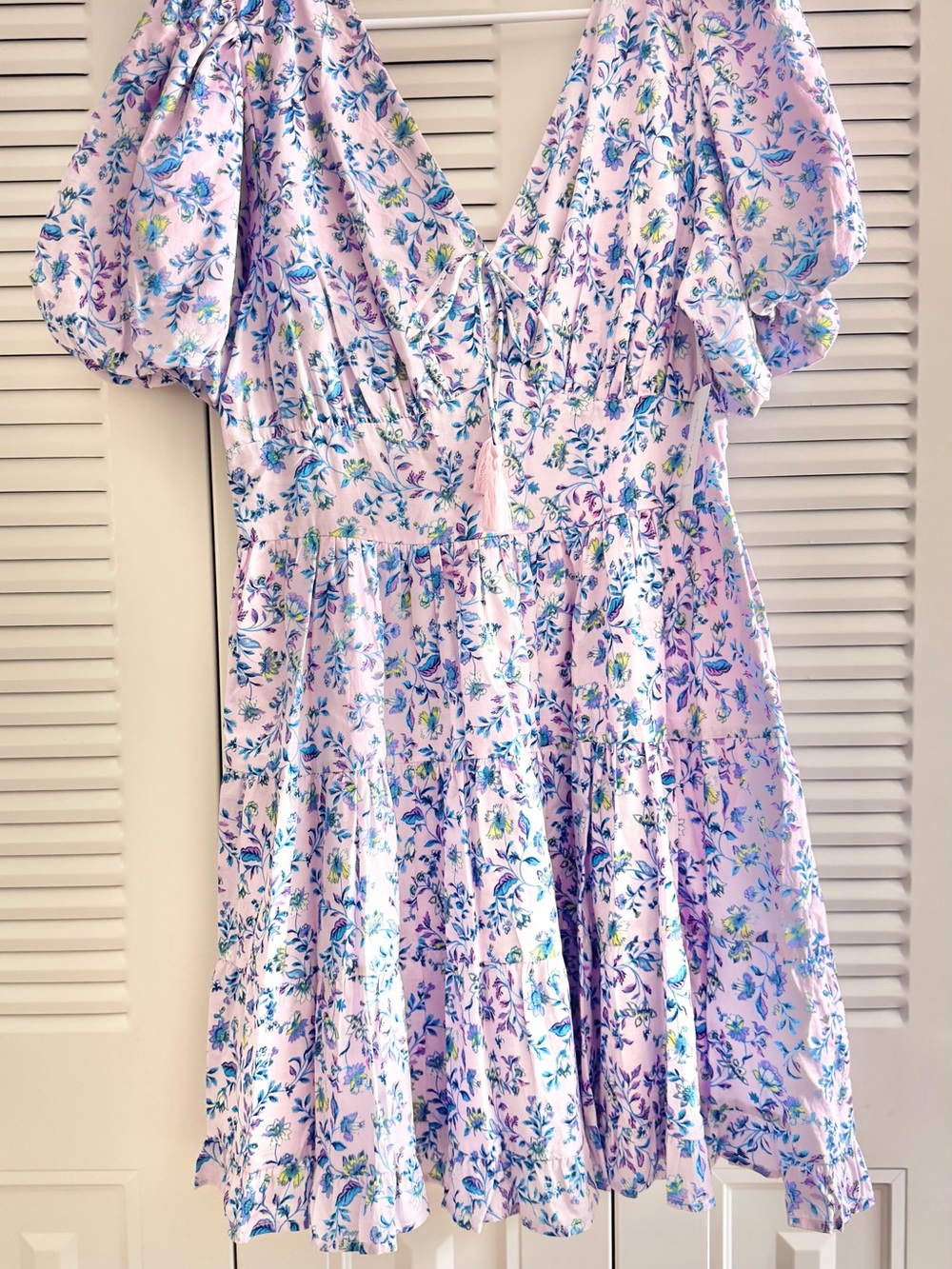 Jessica Simpson Lavender Floral Puff-Sleeve Dress with Blue & Green Accents
